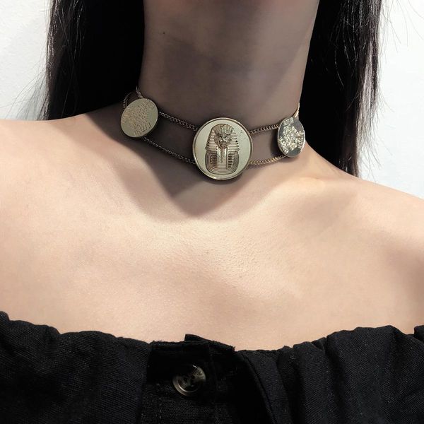 

Exaggerated retro relief pharaoh necklace simple short round brand coin necklace women