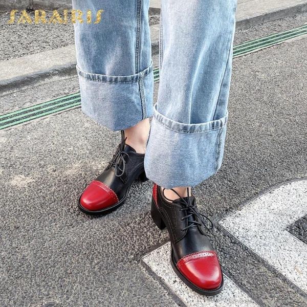 

sarairis design cow leather british style mix color shoes woman pumps female lace up chunky heels office lady pumps, Black