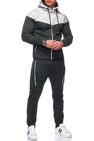 

tracksuits fashion zipper pockets panelled hooded long pants mens 2pcs sets casual males clothing panelled mens designer, Gray