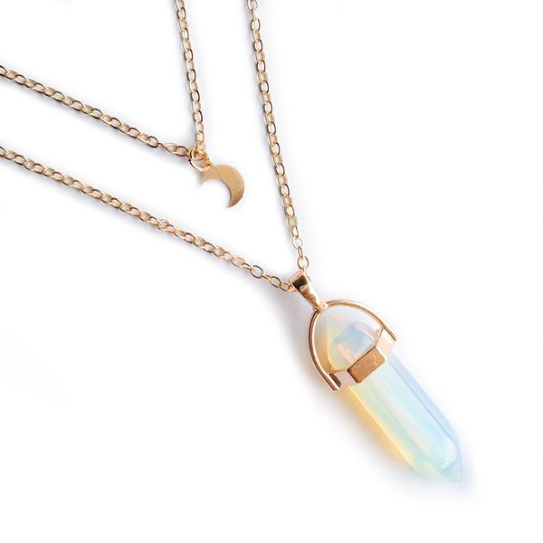 

natural stones women layer necklace healing double gold link chains charm moon quartz bullet hexagonal prism pendants crystal point jew olsx
