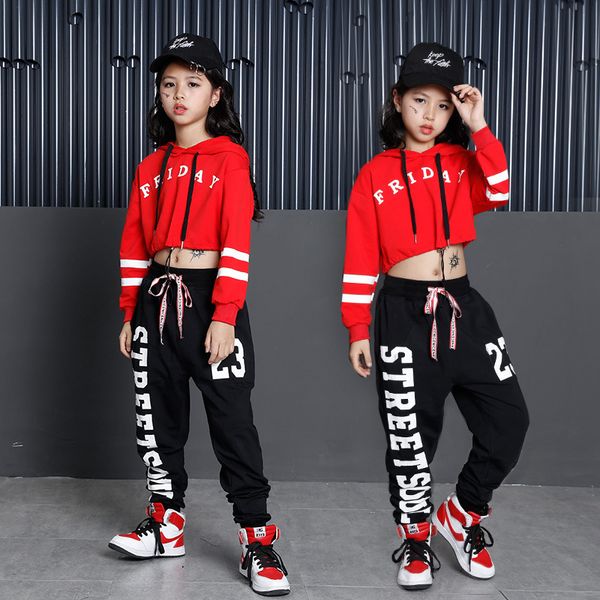 

letter 2 piece girls black pants and red cropped hoodie set girls dance costumes for competition kids streetwear, White