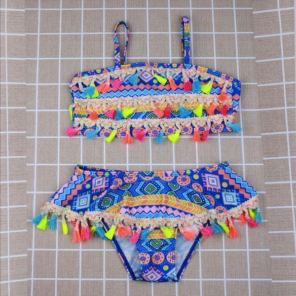 

bikini 2019 child girls tassel retro two pieces suit swimwear kids upgraded elastic beachwear bathing suit spa swimsuit s91023x