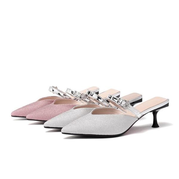 

egonery shoes women 2019 summer new fashion high thin heels women slipper outside buckle pointed toe buckle ladies shoes cs10, Black