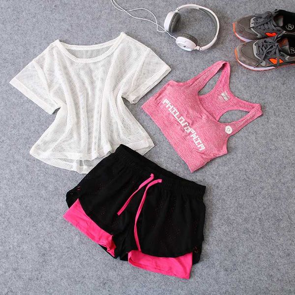 

news 3 in 1 running yoga suit sport t-shirt+bra+shorts female breathable gym jogging sport set summer quick dry girls yoga suits, Black;blue
