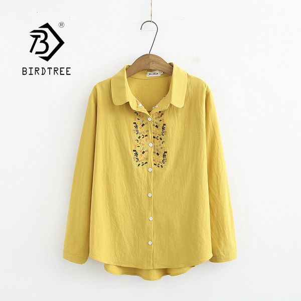 

autumn women floral embroidery pockets cotton yellow shirt long sleeve casual blouse plus size 4xl feminina blusa t06621f, White