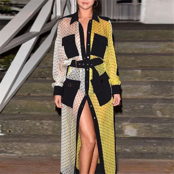

designer celebrity style long shirt dresses 2019 early autumn brand fashion women contrast color pockets long sleeve printed robes tunics, Black
