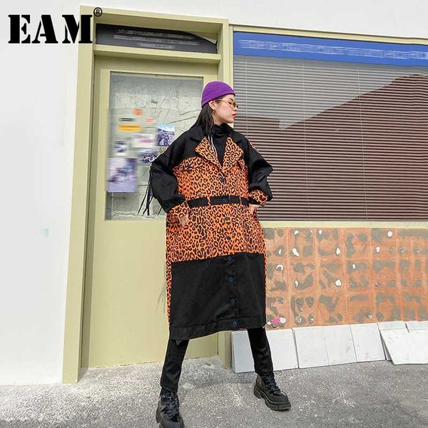 

eam] women leopard printed split big size long trench new lapel long sleeve loose fit windbreaker fashion spring 2020 1r436, Tan;black