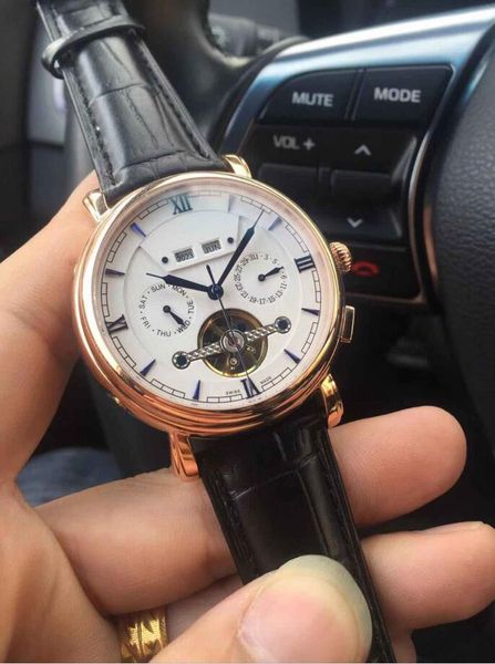 

2019 new fashion multi-functional leisure men's automatic mechanical movement watches black leather strap mens watches wristwatc wholes, Slivery;brown