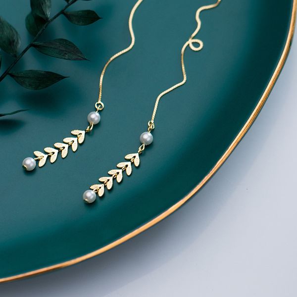 

real authentic 100% 925 sterling silver fine jewelry white/ golds wheat &shell pearl tassel dangle earrings gtle2861, Golden;silver