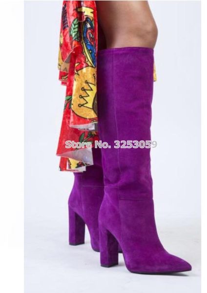 

almudena women exquistie purple suede chunky heel knee high boots concise tall boots gladiator dress shoes for fall winter, Black