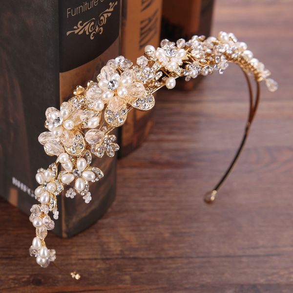 

gold silver copper wire 2019 handmade tiara crystal pearls quartz crystal crown hair headband wedding accessories prom gift, Golden;white