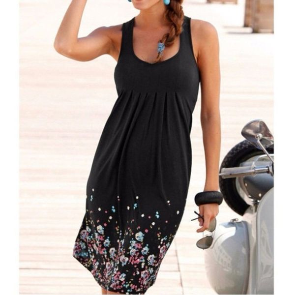

5xl print women dresses 2019 sleeveless summer ladies casual black plus size loose dress boho beach dress vestidos de fiesta, Black;gray