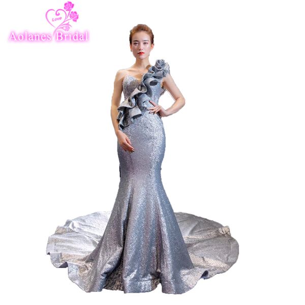 

plus size custom made ruffles silver gray sequined evening dresses mermaid formal women holiday wear celebrity party gowns, White;black