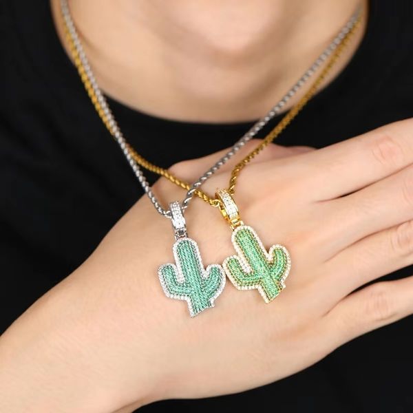 

hip hop iced out cactus pendant necklaces for men women luxury designer gold silver bling green diamond pendants plant gold chain necklace