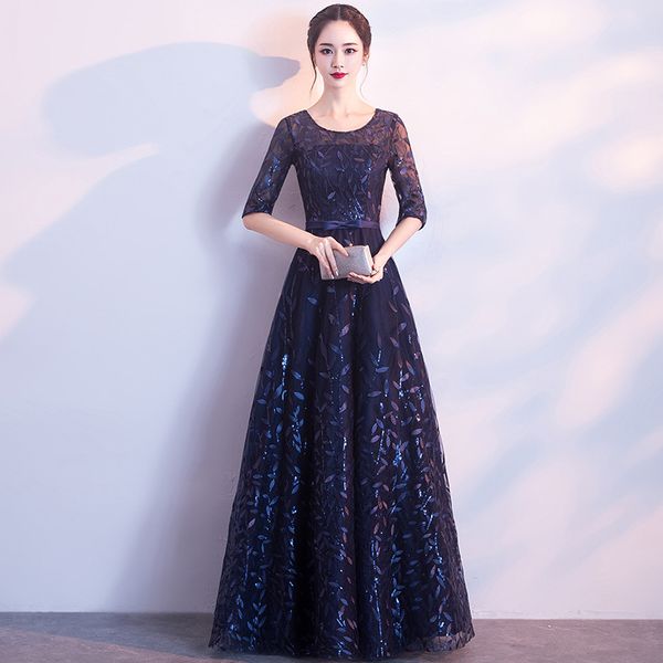 

navy blue appliques sequins lady maxi evening dress cheongsam perspective ribbon lace elegant exquisite luxury formal party gown, Red
