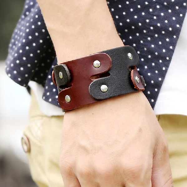 

fashion punk men wide bracelet wristband cuff vintage black brown big leather charm buckle bangle hippie rock biker jewelry gift, White