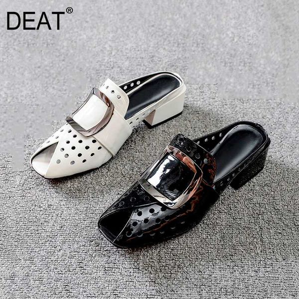 

deat] 2020 new spring summer square toe shallow metal buckle hollow out low heels slippers women shoes fashion tide 10h851, Black