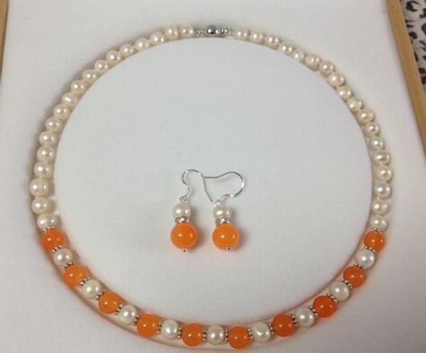 

7-8mm white akoya cultured pearl/orange jade necklace earrings set 18"no box<<<ing, Silver