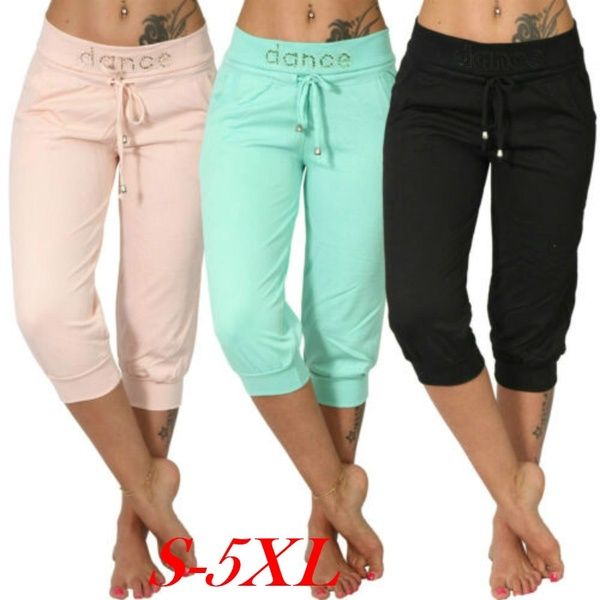 

women 3/4 joggers pants casual elastic waist women sport pants capri hose strass dance paisley drawstring female trouser, Black;white
