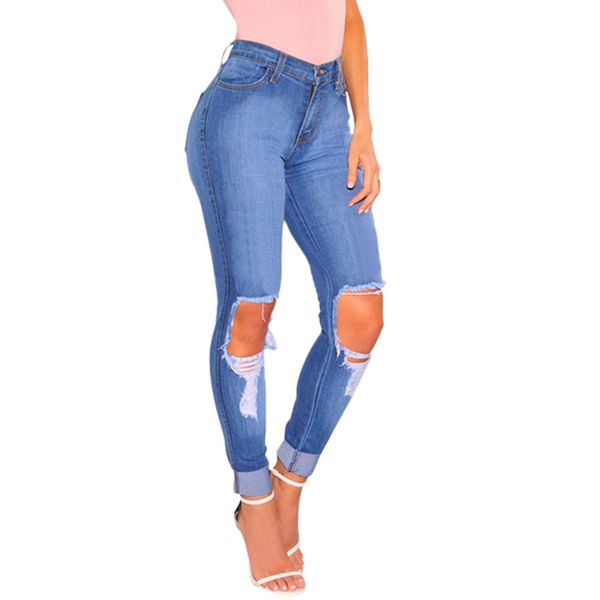 

spring 2018 distressed denim jeans skinny woman high waist stretch jean ripped hole boyfriend femme blue