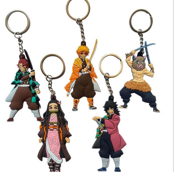 

5 pcs new japanese anime demon slayer: kimetsu no yaiba pvc keychain jewelry accessories key chains pendant gifts favors, Silver
