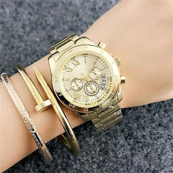 

xx 36mm women's quartz wrist watches for women fake 3-eye roman alphabet dial style metal steel band calendar quartz watches, Slivery;brown