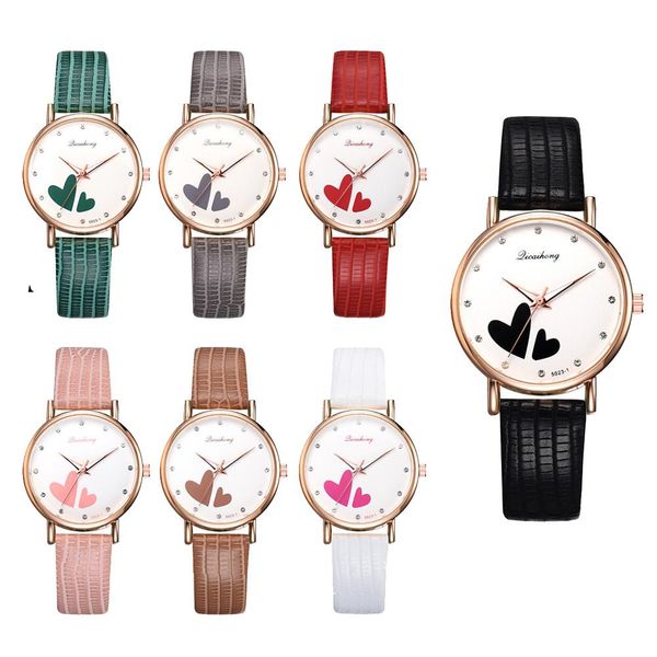 

new rhinestone double heart round dial faux leather band women quartz wrist watch, Slivery;brown