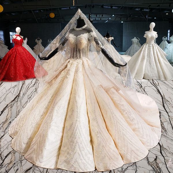 

luxury bohemian wedding dresses illusion o neck tulle 1/2 sleeve open keyhole back crystal pearl ball gown wedding dresses vestidos de novia, White