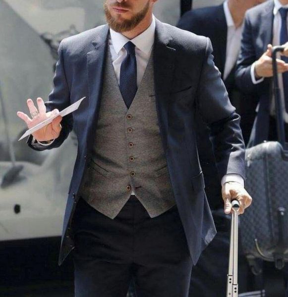 

dark blue wedding tuxedos two button classic fit notched lapel groom tuxedos groomsman suit wedding party suit (jacket+pants+vest+ tie) 007, Black;gray