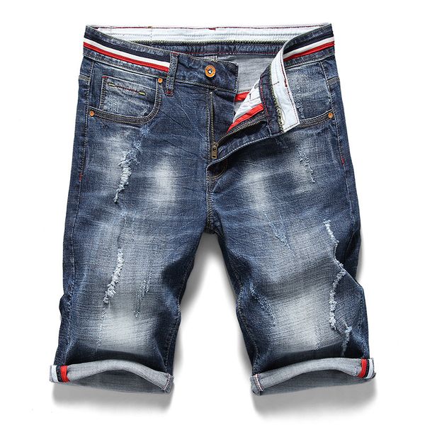 Shorts masculinos casuais jeans rasgados marca lavada algodão fino fit moto denim moda elasticidade orifícios de alta qualidade bermuda