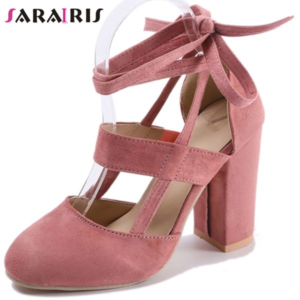 

sarairis new fashion female summer high heel block heel ankle strap pumps round toe flock pumps women shoes woman, Black