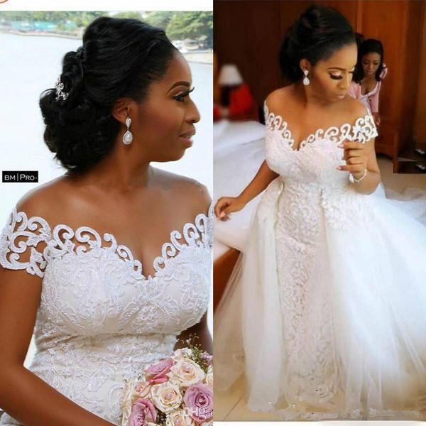 Afrikanische nigerianische Spitzen-Meerjungfrau-Hochzeitskleider 2019, abnehmbarer Rock, volle Spitze, appliziert, schiere schulterfrei, kurzärmelige Brautkleider
