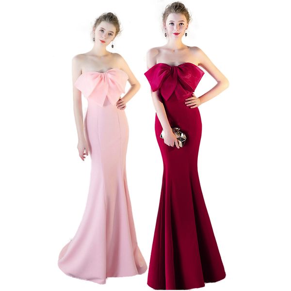 

bow-knot satin evening dresses long mermaid women party dress ladies solid robes elegant formal gown for wedding guest, White;black