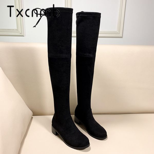 

txcnmb fashion women over the knee boots suede leather round toe high heels shoes autumn winter warm shoes woman, Black