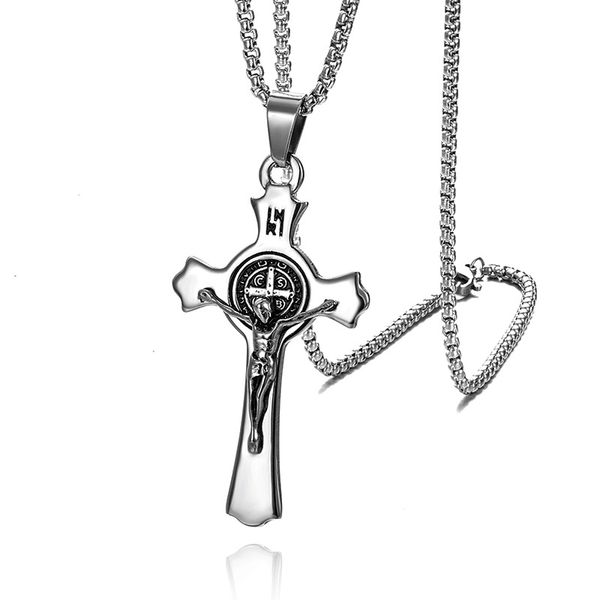 

punk stainless steel st benedict medal holy jesus inri cross wall crucifix pendant necklaces for men catholic jewelry cssml, Silver