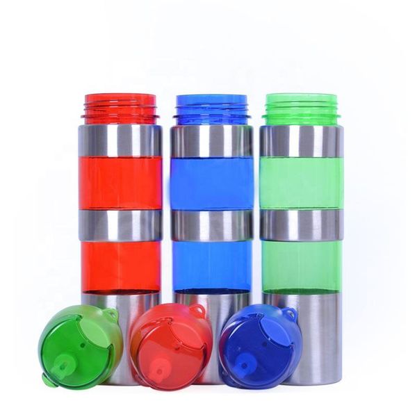 

new style plastic+metal water bottle creative stainless steel ring outer wall water bottle with straw lid