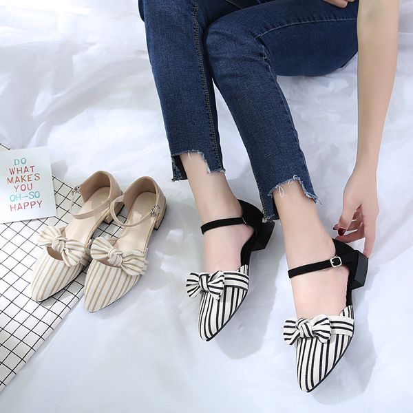 

2020 new sharp-pointed bow sandals ladies'one-button low-heeled flat-striped baotou sandals, Black