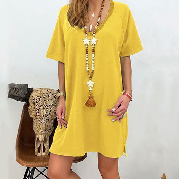 

women short sleeve solid casual o neck loose lace patchwork dress female plus size s-3xl european style boho dress sj3031u, Black;gray