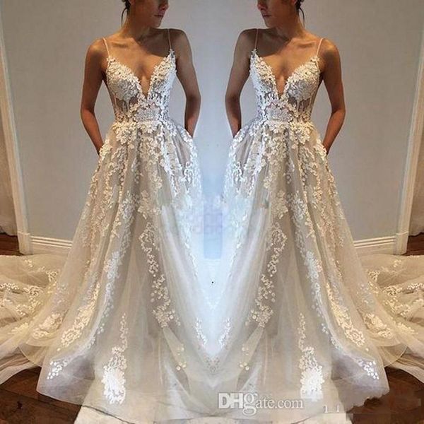 

2018 new modest spaghetti backless elegant beach boho vintage bridal gowns pallas haute lace applique country wedding dresses 284, White