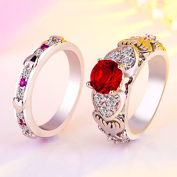

2/pc romantic heart shape crystal engagement wedding ring for women pink/red gems sets ring for anniversary party jewelry gifts, Silver