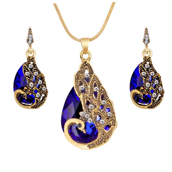 

hesiod new vintage women elegant peacock waterdrop rhinestone pendant necklace earrings crystal jewelry set wedding jewlery, Silver