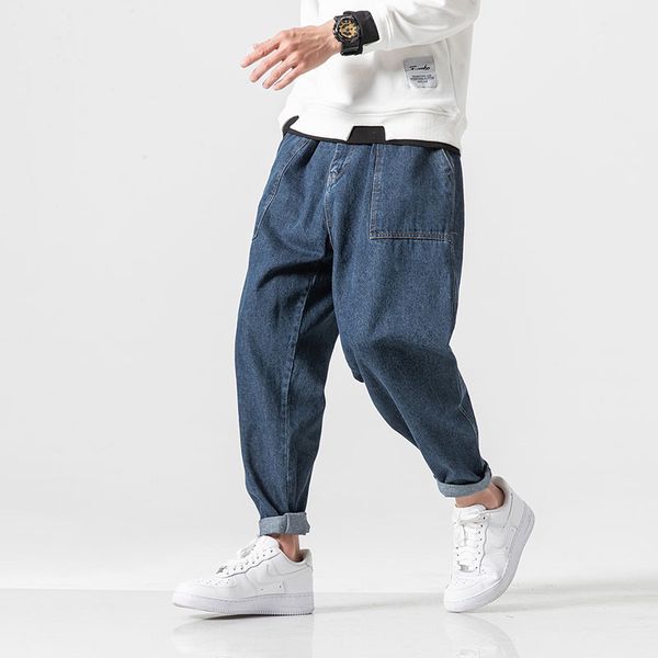 

designer classic solid blue loose jeans men cotton pockets straight denim pants