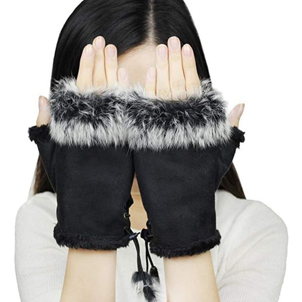 

fashion suede leather faux hair half finger gloves wrist fingerless mittens for women winter warm for keyboard gloves, Blue;gray