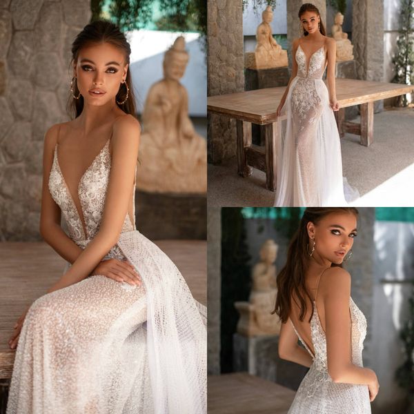 

spaghetti mermaid wedding dresses with detachable train vestidos de novia illusion appliqued bridal beach wedding gowns custom made, White