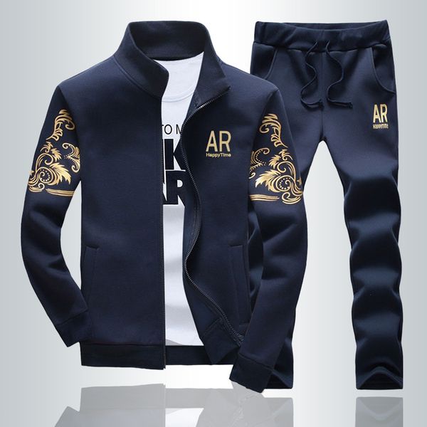 

2019 spring sweatshirts tracksuit men casual zipper jackets male slim fit 2pc coats+pants sets mens sportswear moleton masculino, Black