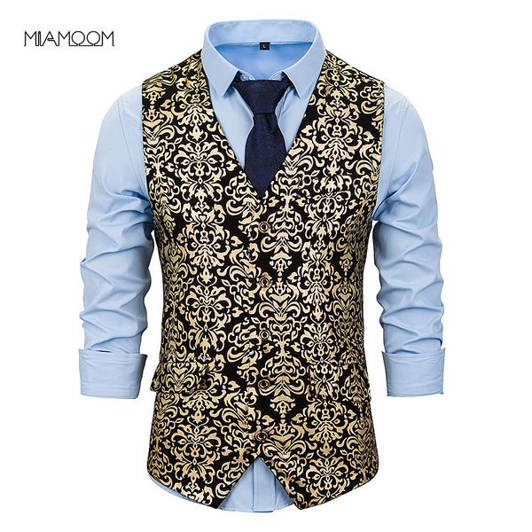 

miamoom досуг костюм жилет мужской повседневный жилет мода позолоченный печатный жилет двубортный мужская одежда, Black;white