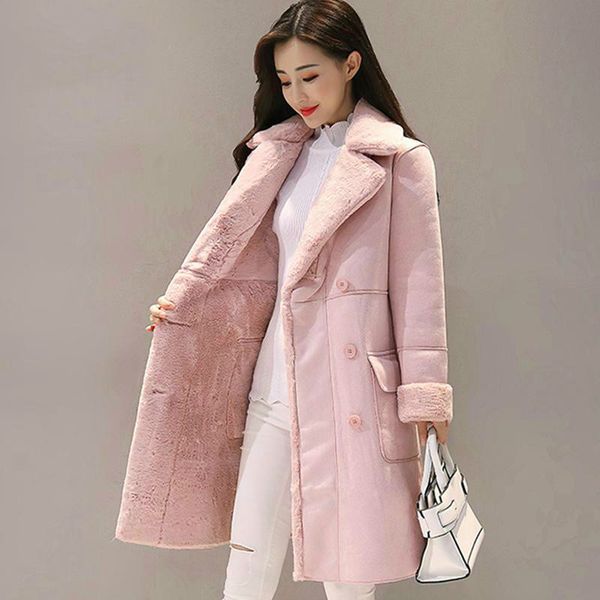 

women suede fur winter coat fashion thick faux sheepskin long jacket overcoat female solid warm trench coats, Black