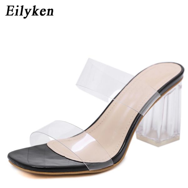 

2020 pvc jelly sandals eilyken open toe high heels women transparent slippers shoes square heel clear sandals size 35-40 black