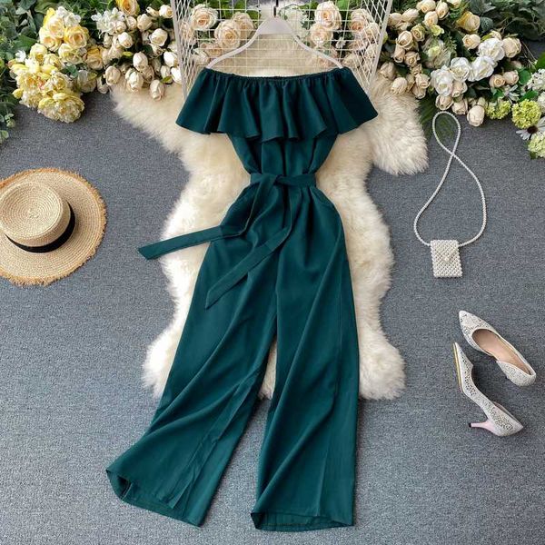 

korean 2020 slash neck ruffle women green/black rompers casual short sleeve high waist loose wide leg jumpsuits for female new, Black;white