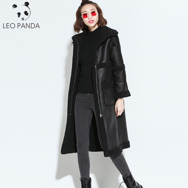 

winter warm faux pu leather inside fur sheepskin parka 2019 women motorcycle long jacket female coat black bomber biker jackets